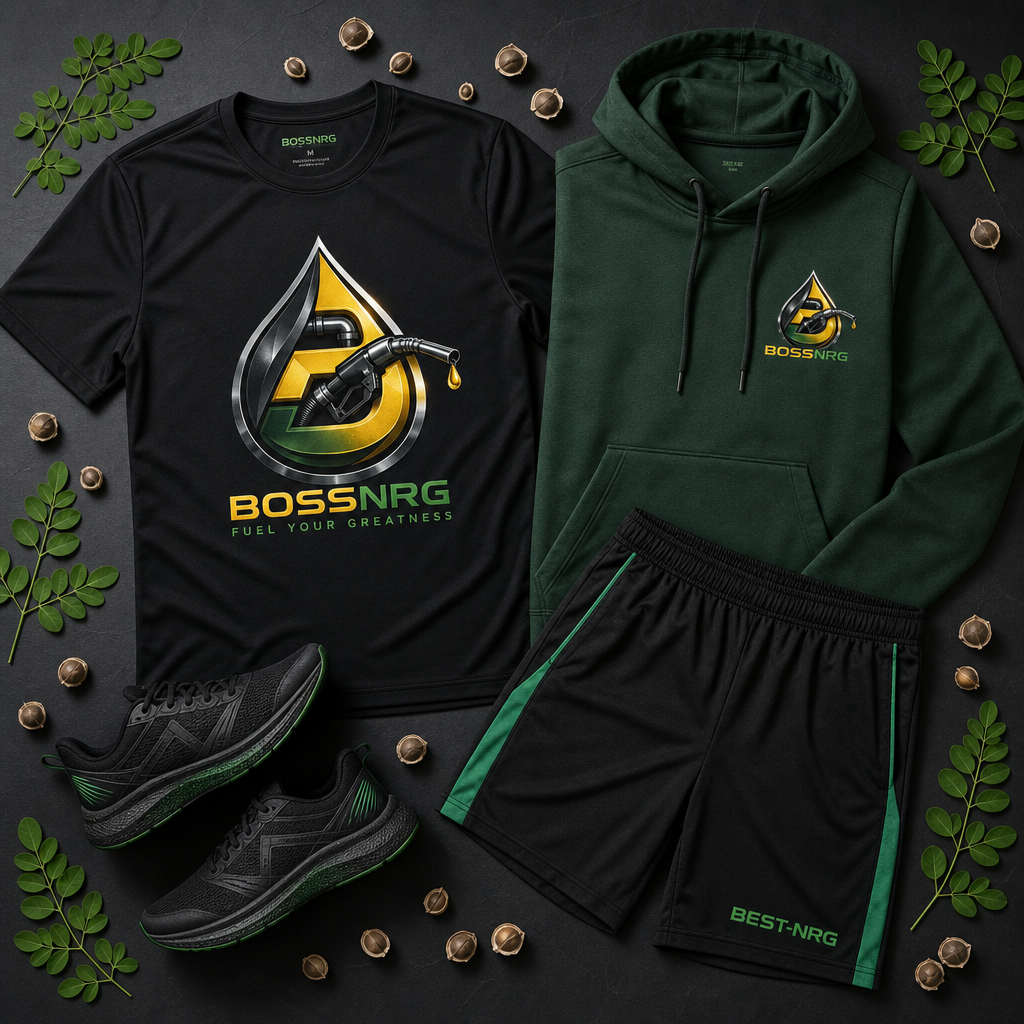 BossNRG activewear collection - branded t-shirt, hoodie, shorts, and athletic shoes in black, green, and gold