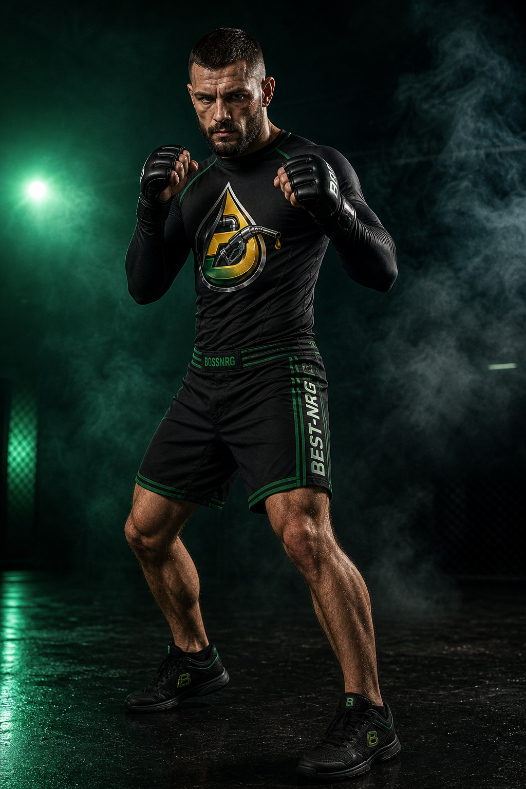 BossNRG activewear - male fighter in BossNRG rash guard, shorts, and athletic shoes