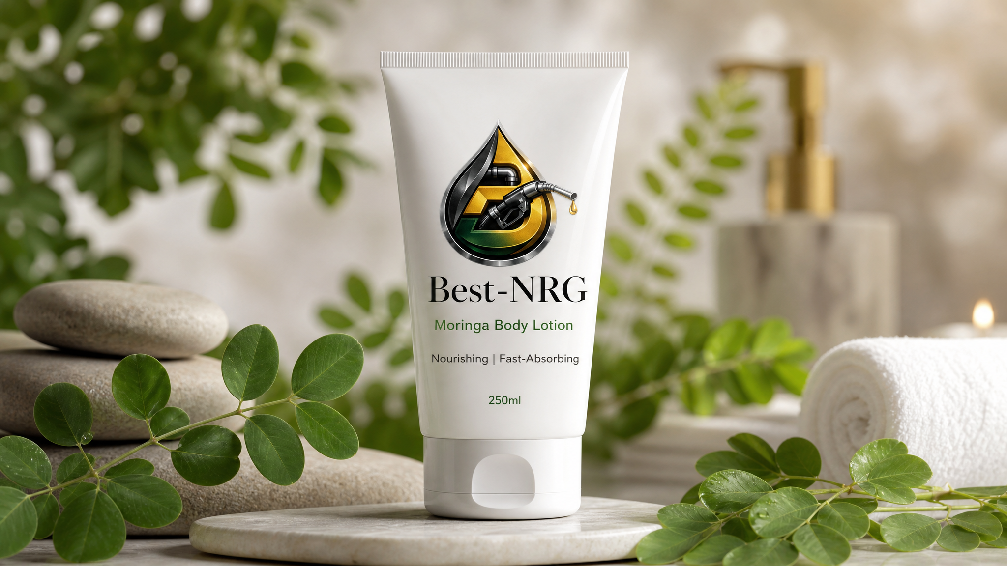 BossNRG Moringa Body Lotion 250ml with BossNRG logo in spa setting with moringa leaves and stones