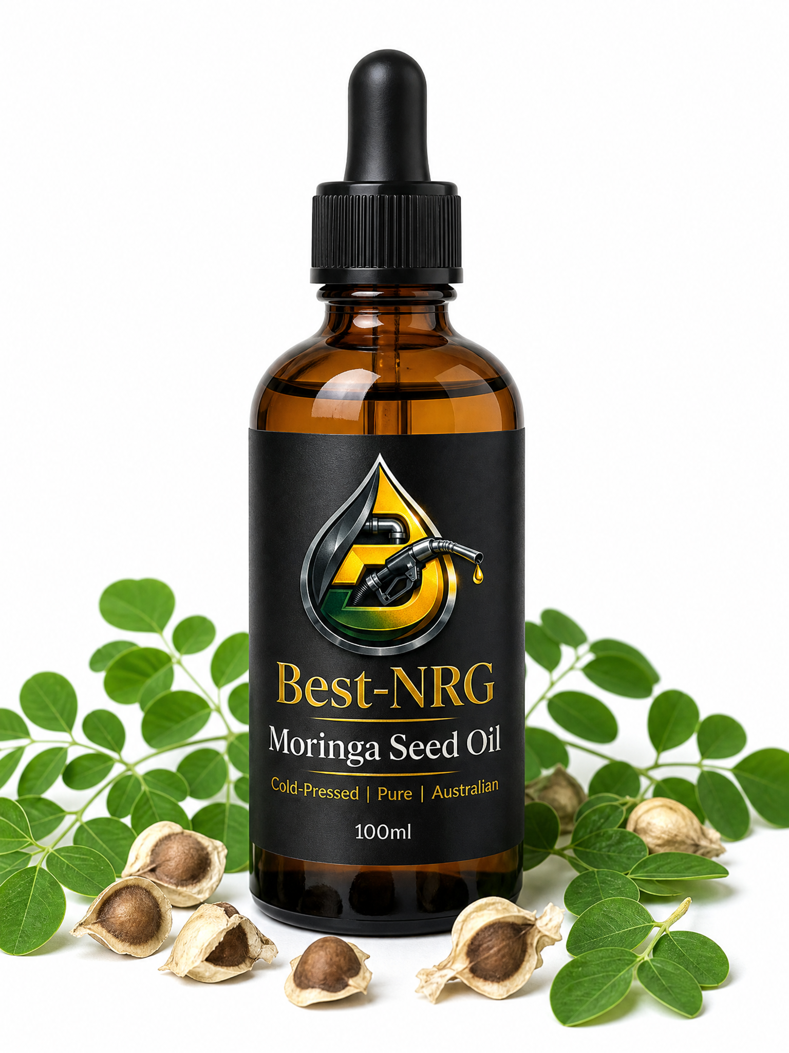 BossNRG Moringa Seed Oil 100ml amber glass dropper bottle - cold-pressed, pure, Australian moringa oil with moringa leaves and seeds