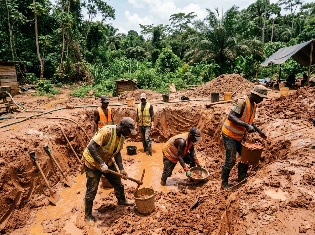 Workers hand-extracting gold-bearing material from a near-surface clay pit in Bougainville