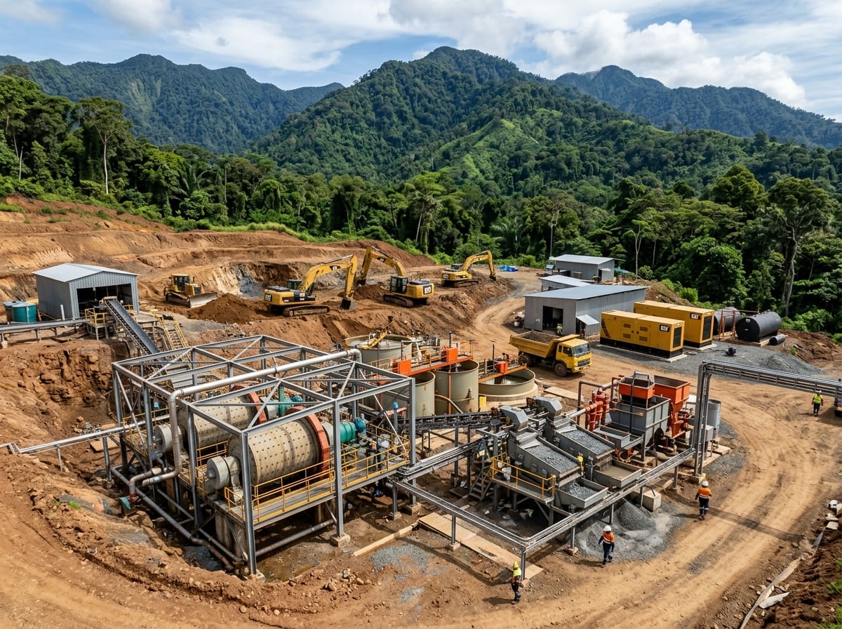 Gold-ore processing plant and mining equipment on the Bougainville JV site