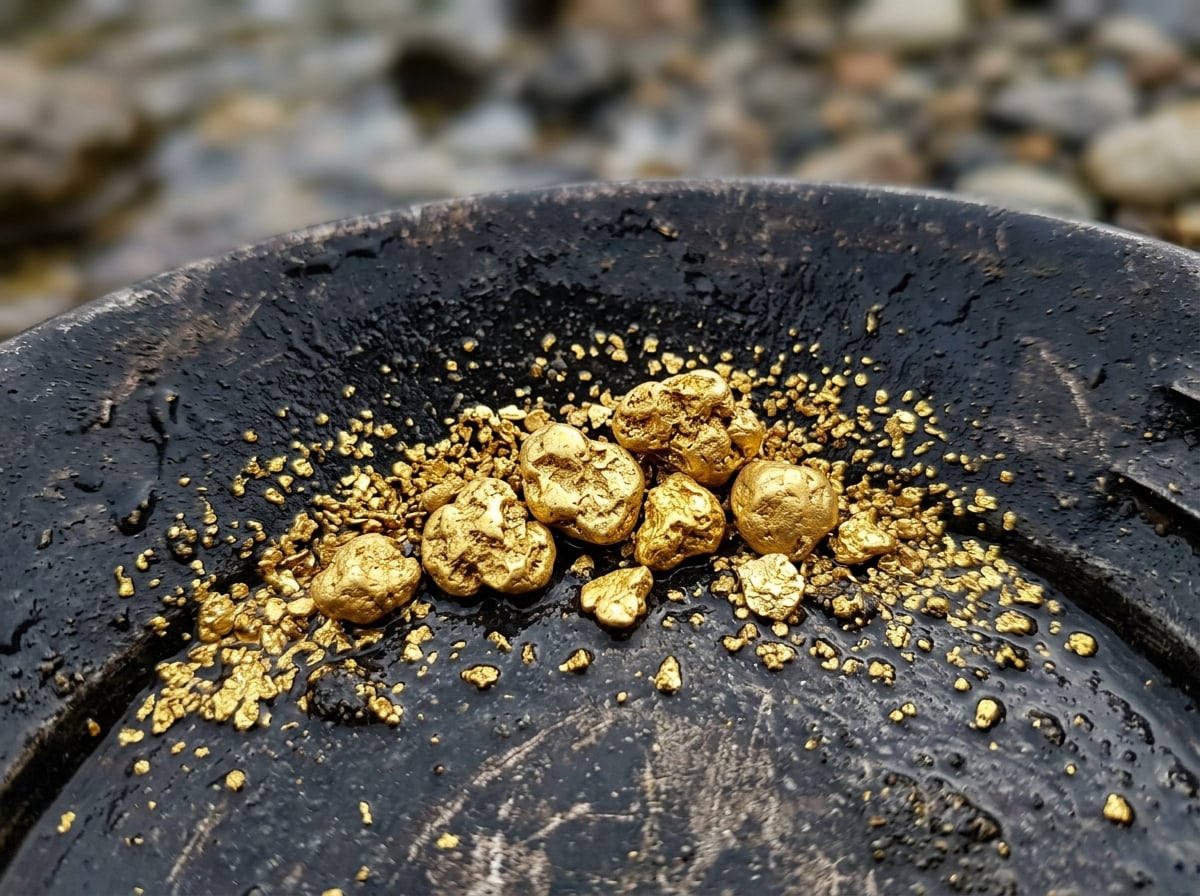 Alluvial gold concentrate and nuggets recovered by hand panning