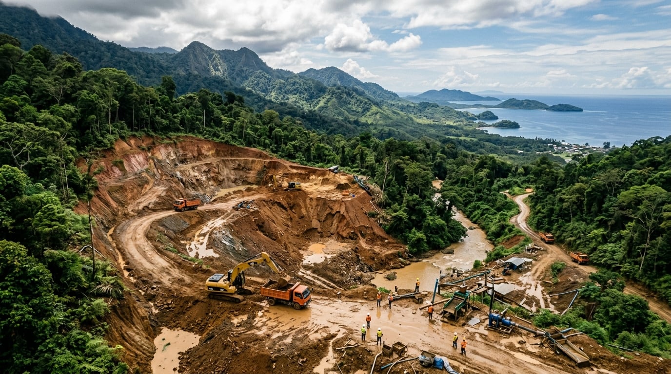 Tropical alluvial gold mine site on a mountainous hillside in Bougainville