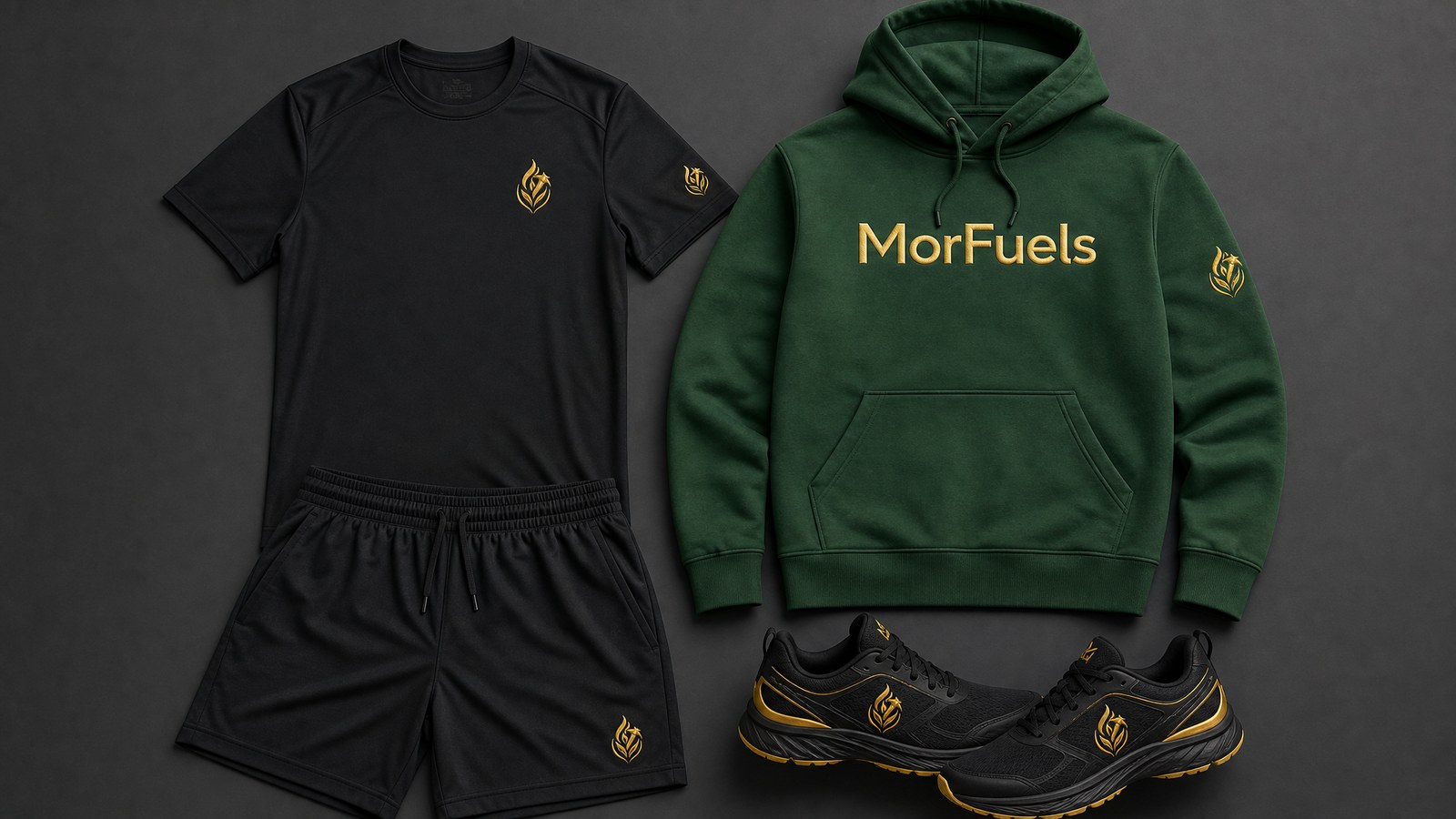 MorFuels activewear collection - branded t-shirt, hoodie, shorts, and athletic shoes in black, green, and gold