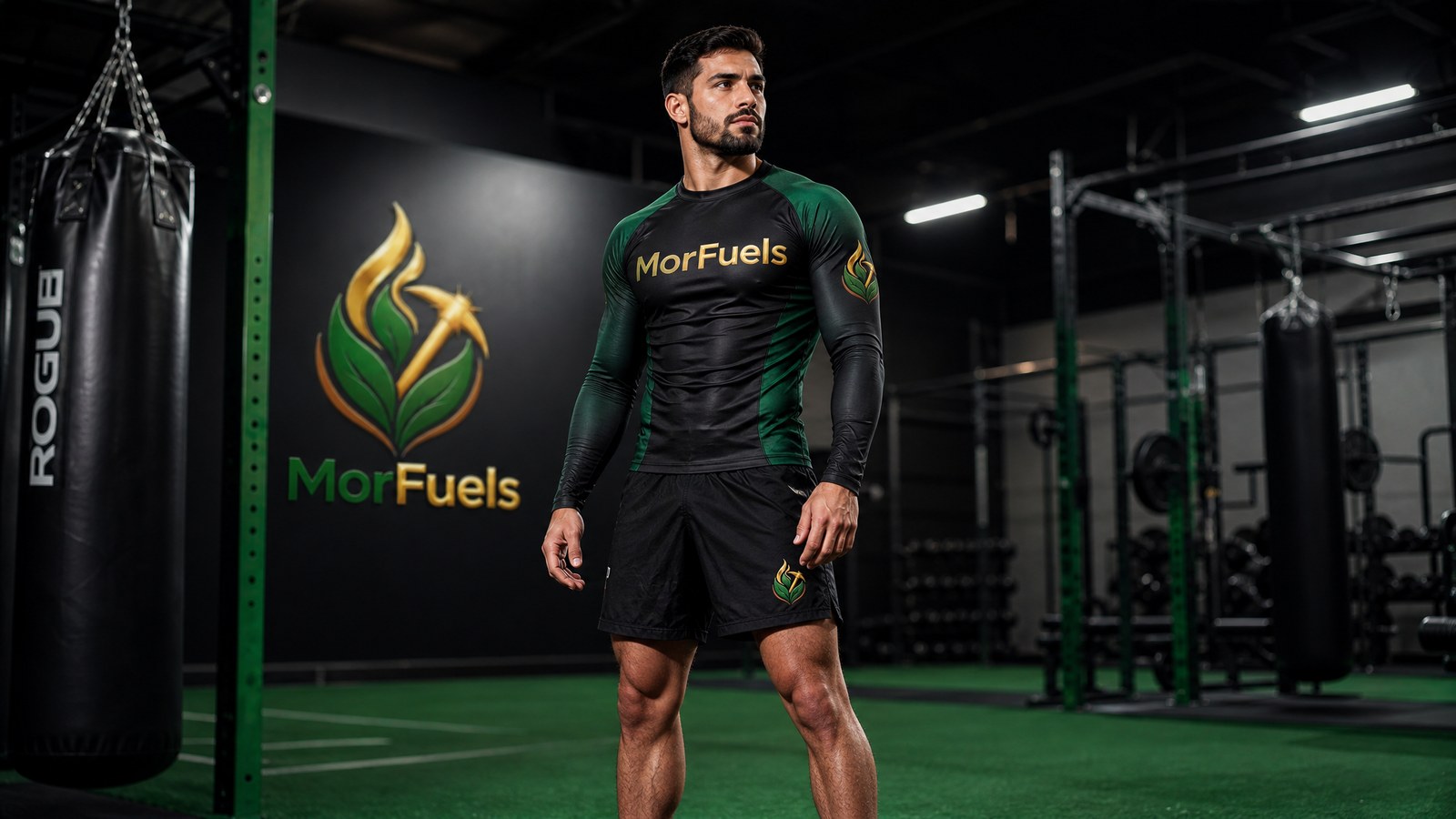 MorFuels activewear - male athlete in MorFuels rash guard, shorts, and athletic shoes