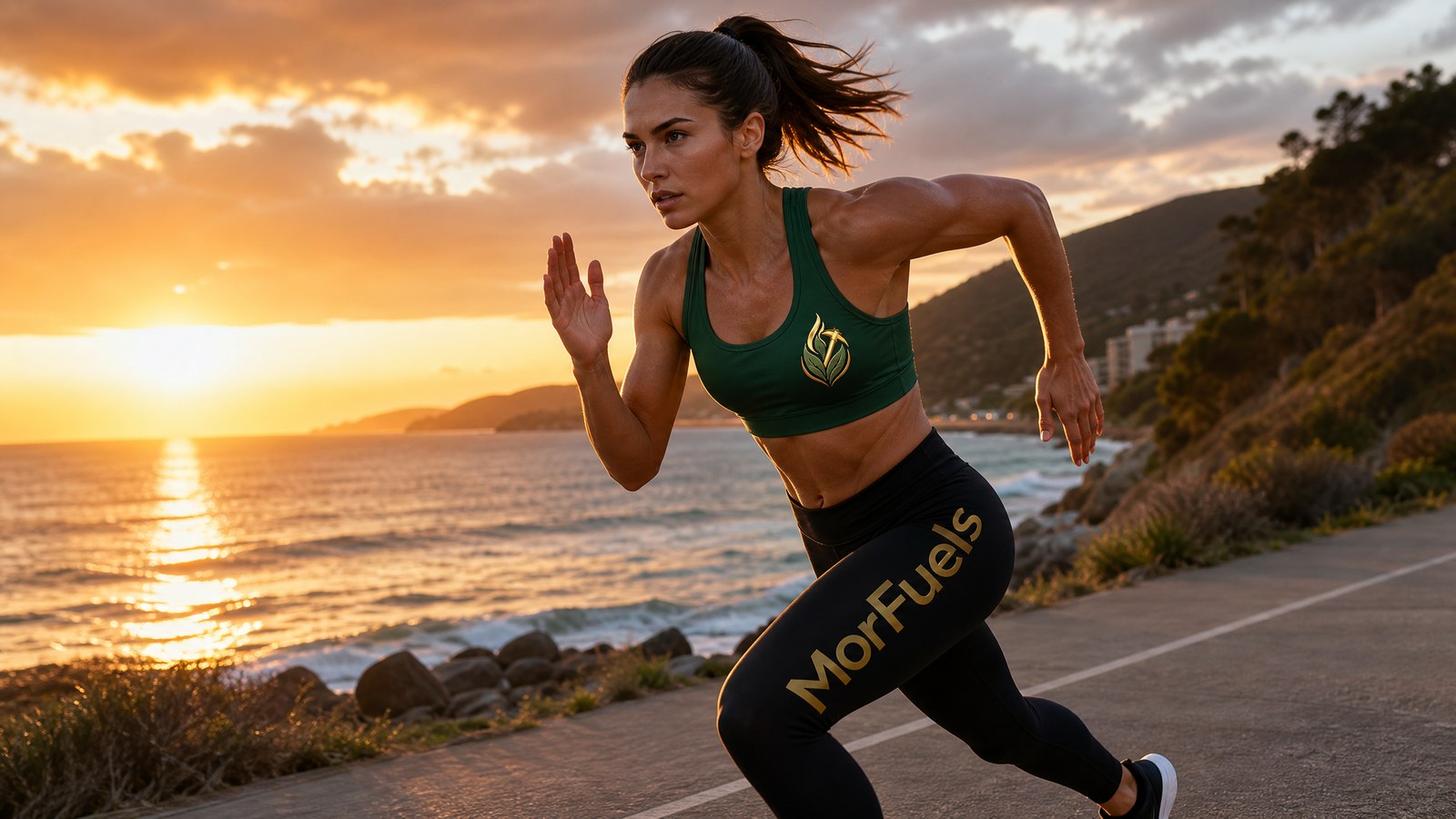 MorFuels activewear - female athlete sprinting at sunset wearing MorFuels crop top and leggings