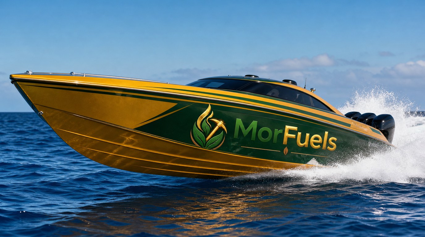 MorFuels branded power boat on water