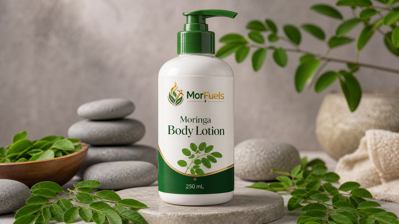 MorFuels Moringa Body Lotion 250ml in spa setting with moringa leaves and stones
