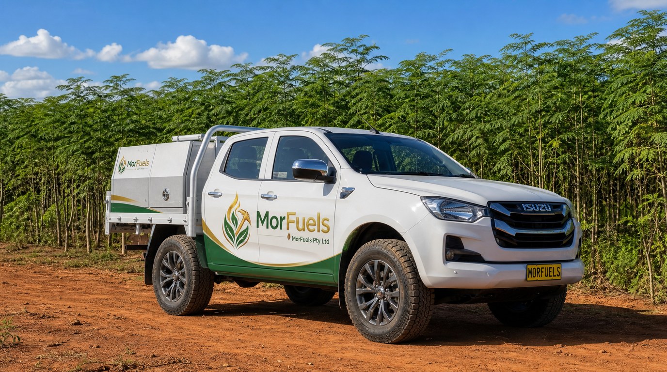 MorFuels branded Isuzu D-Max work vehicle in Moringa plantation