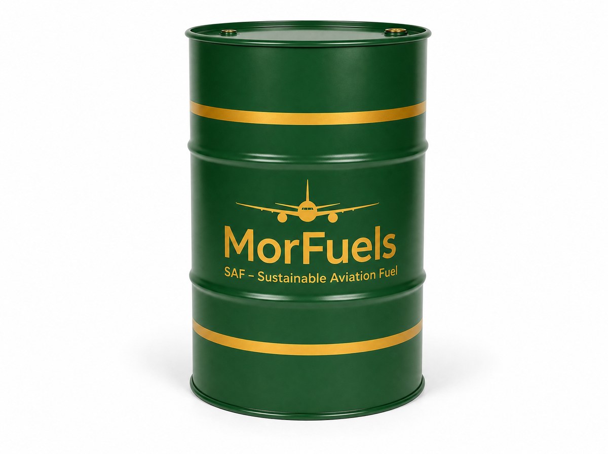 MorFuels Sustainable Aviation Fuel drum for SAF production via HEFA hydroprocessing