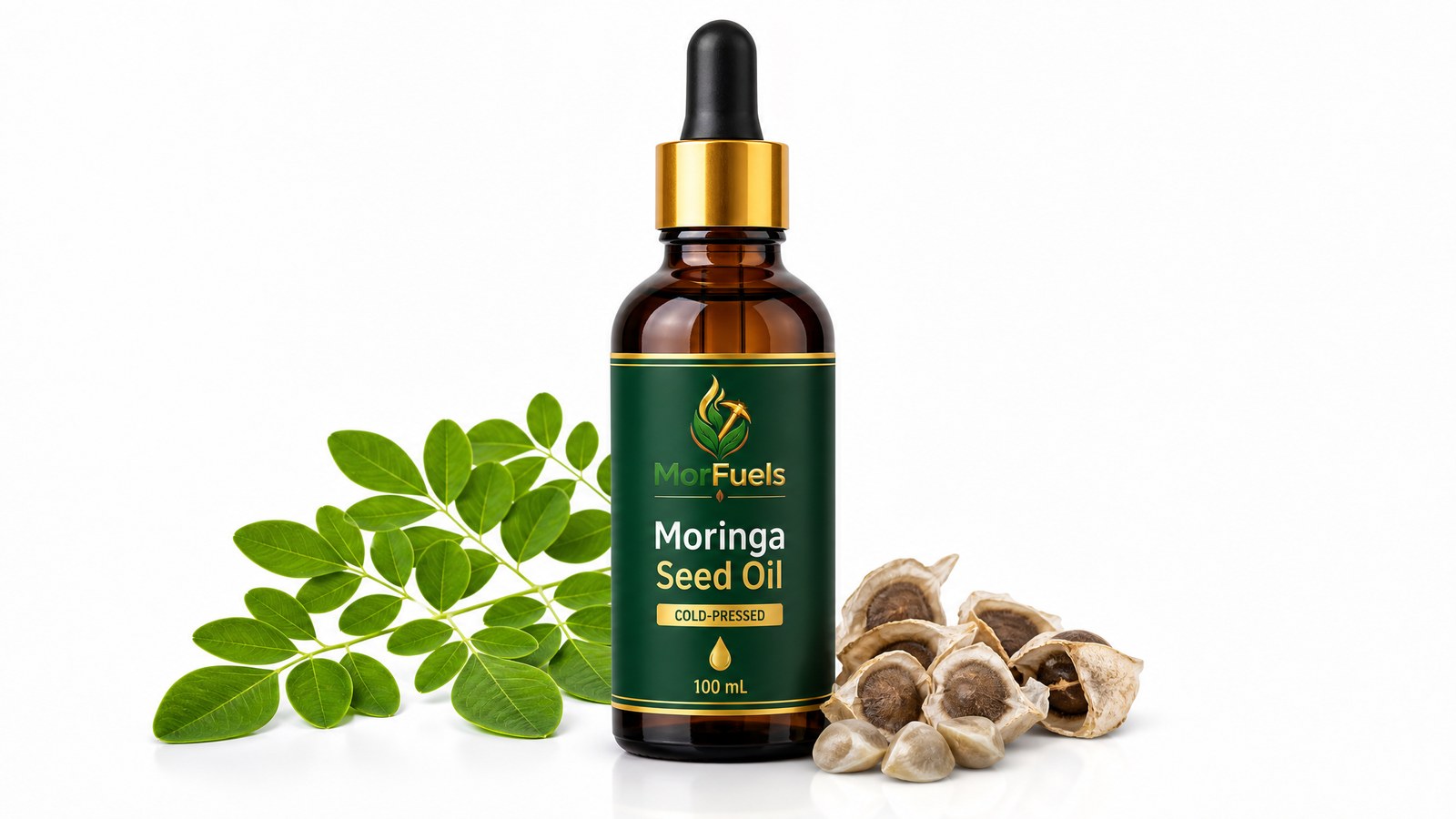 MorFuels Moringa Seed Oil 100ml amber glass dropper bottle - cold-pressed, pure, Australian moringa oil with moringa leaves and seeds